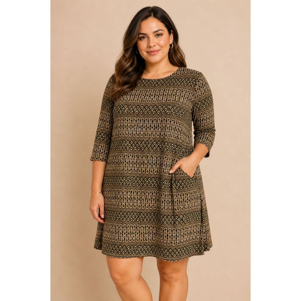 H&M Babydoll Dress Size 14 Black Yellow Geometric Print 3/4 Sleeve Keyhole Lined
